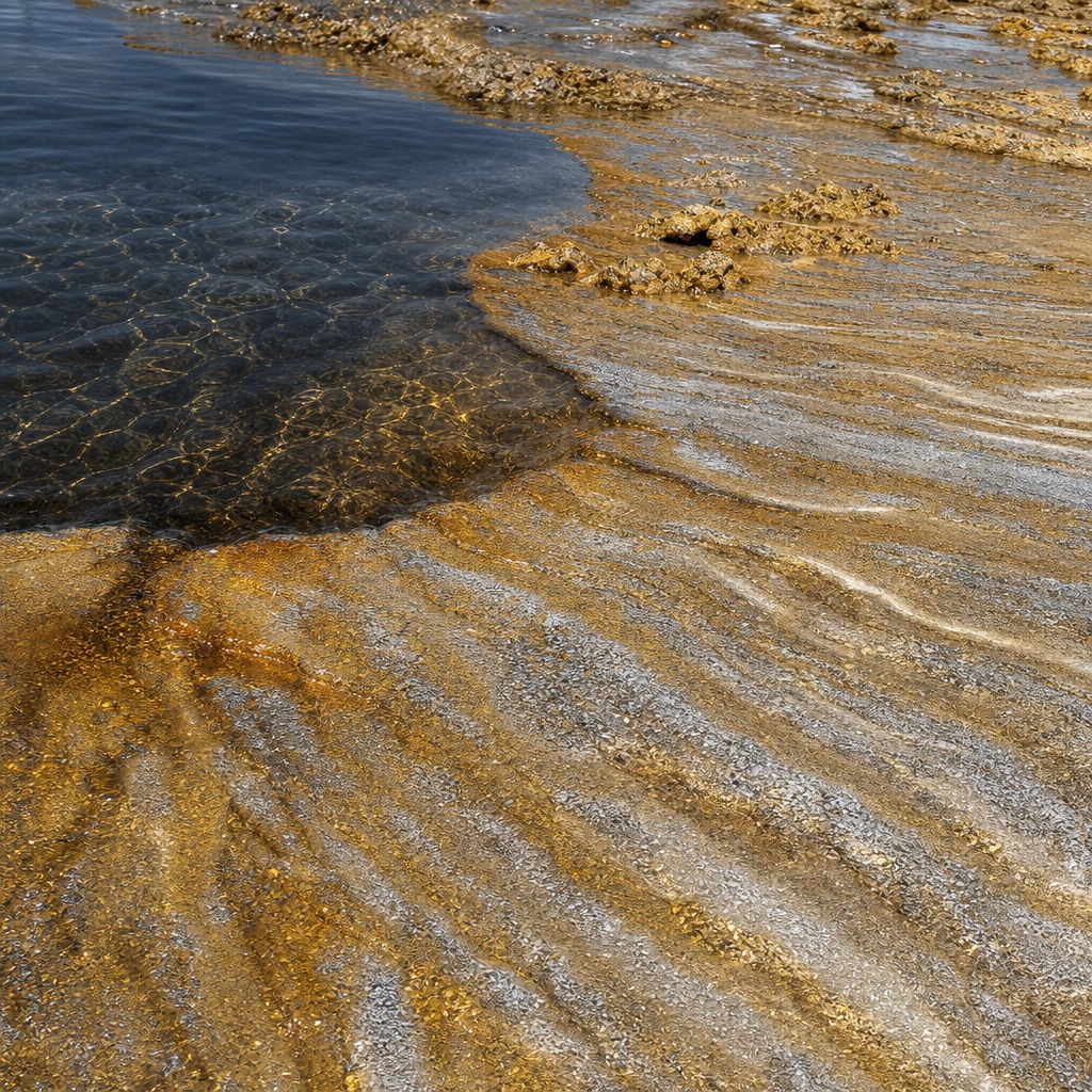 Gold and white mineral shoreline with dark water and salt flat textures