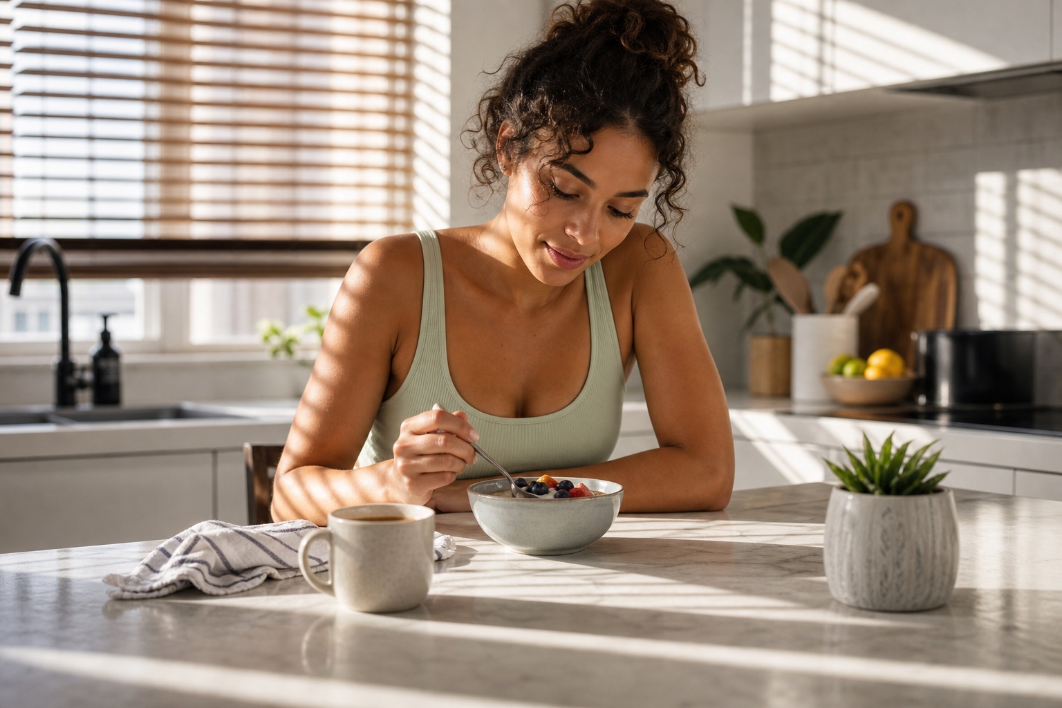 Woman eating breakfast at a kitchen counter in a bright apartment morning scene