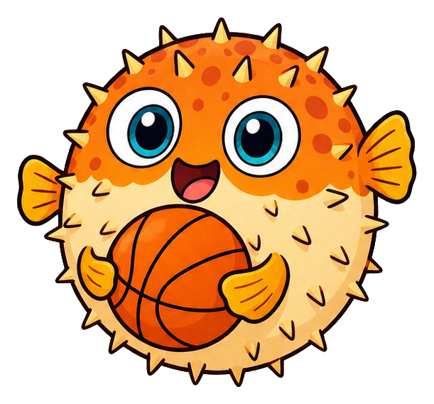 Cute orange pufferfish holding a basketball with a happy expression.