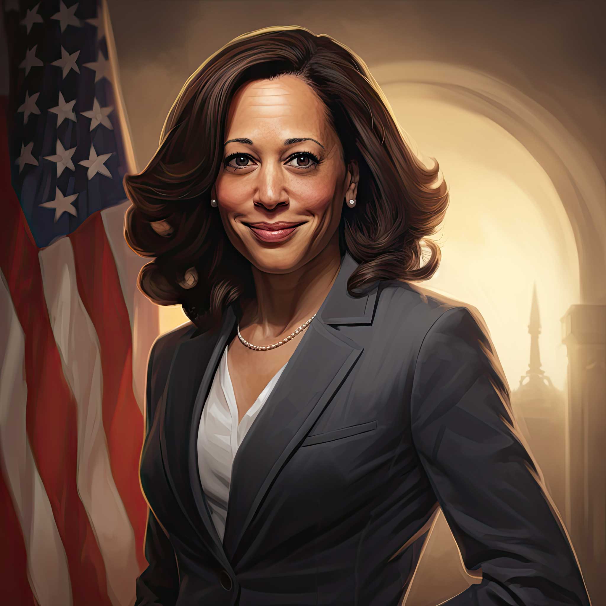 Stylized portrait of Kamala Harris with an American flag and Capitol backdrop.