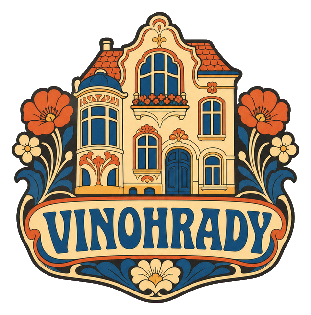 Ornate retro Vinohrady text sticker with floral illustrated details