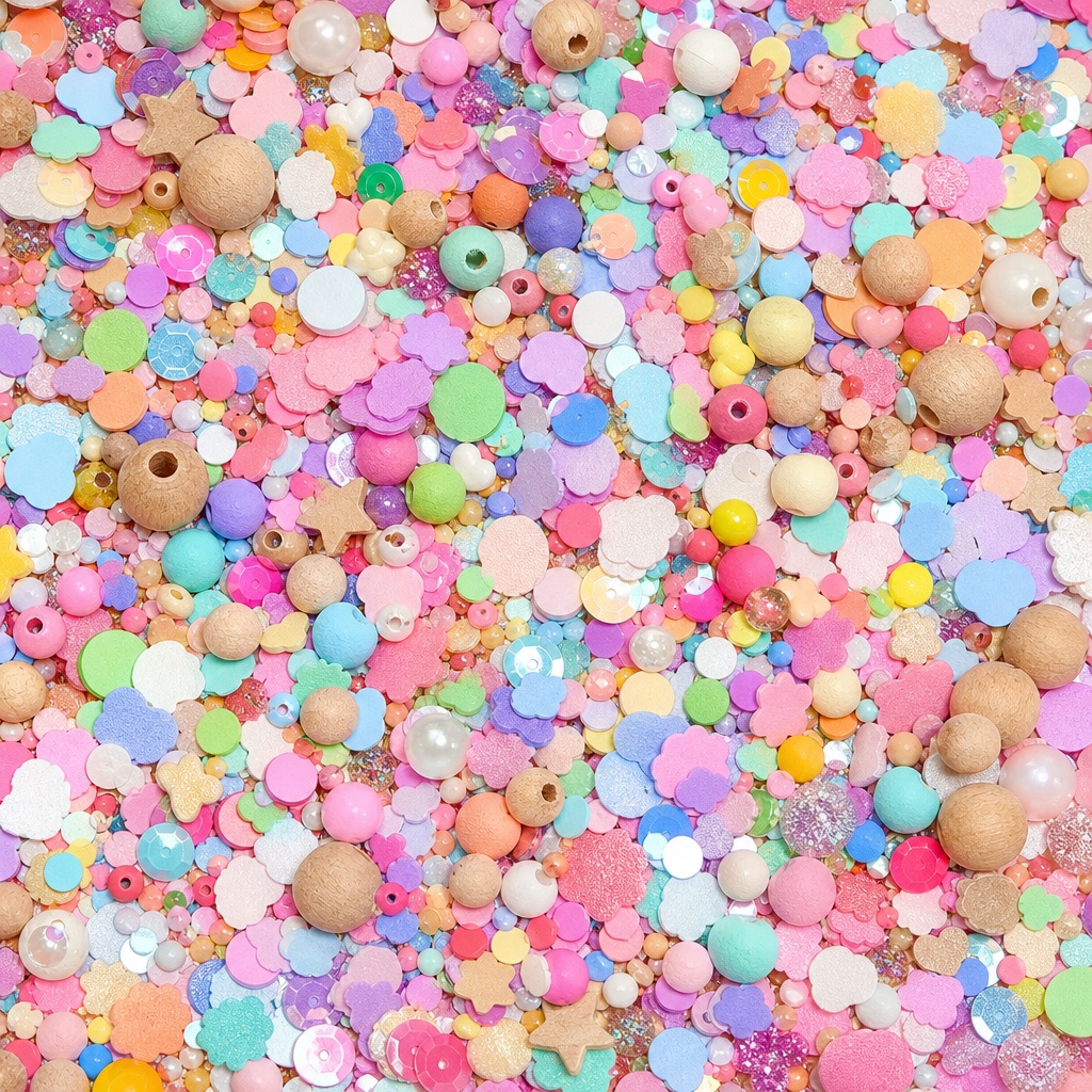 Colorful confetti-like paper circles and craft scraps scattered across a light background