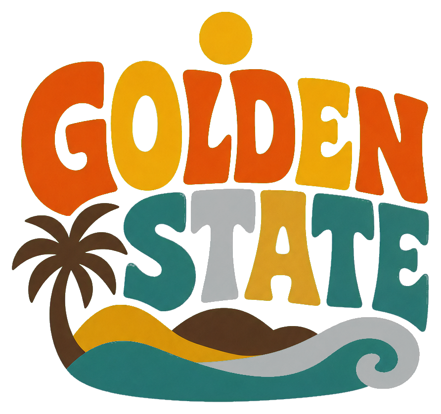 Retro Golden State text sticker with palm tree, hills, and wave accents.
