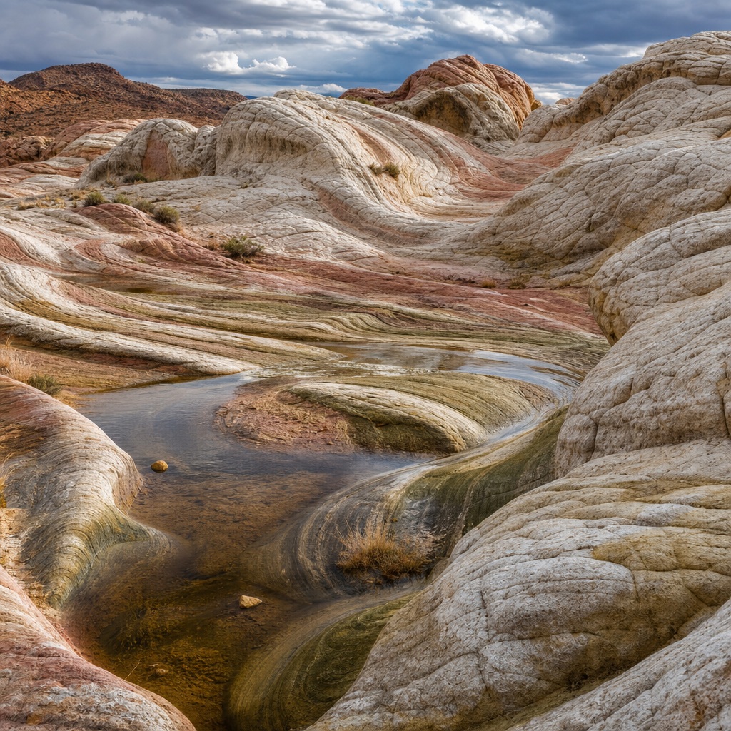 Layered desert rock folds with smooth marble-like striations and a shallow basin.
