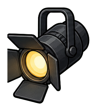 Black movie spotlight with yellow light beam and barn doors
