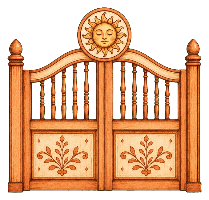 Wooden garden gate with carved sun face above the center