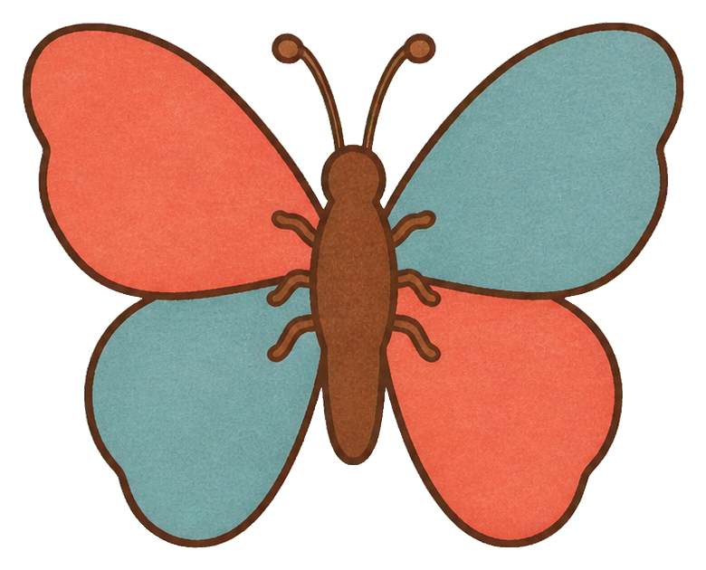 Coral and dusty blue butterfly sticker with brown body and outlined wings.