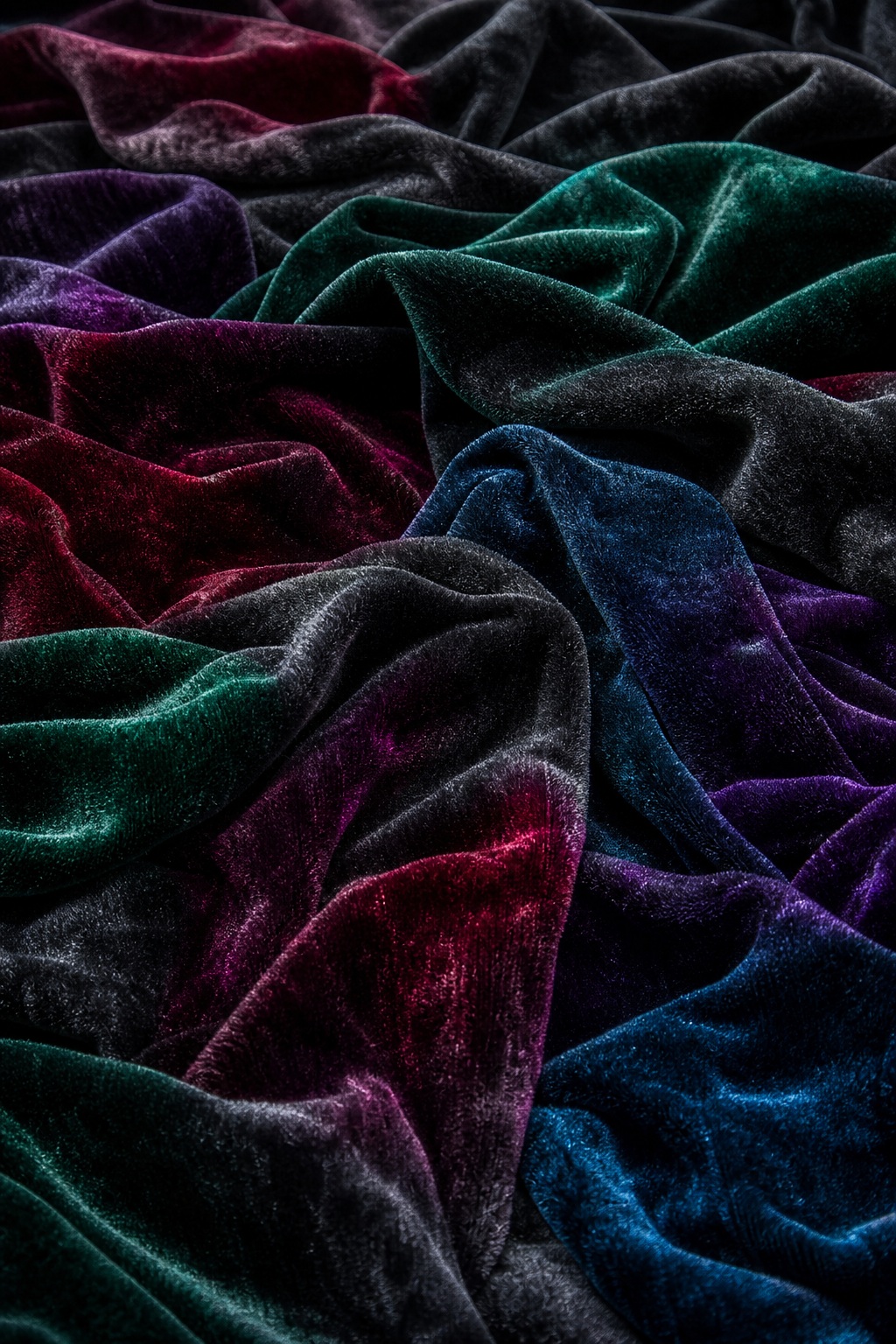 Deep velvet fabric folds in charcoal with jewel-toned highlights.