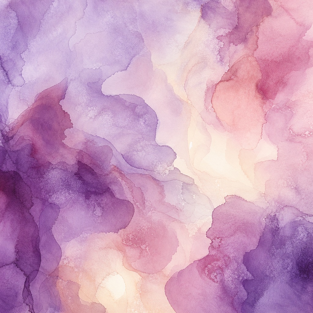Abstract lavender and rose watercolor washes with layered translucent color on paper.