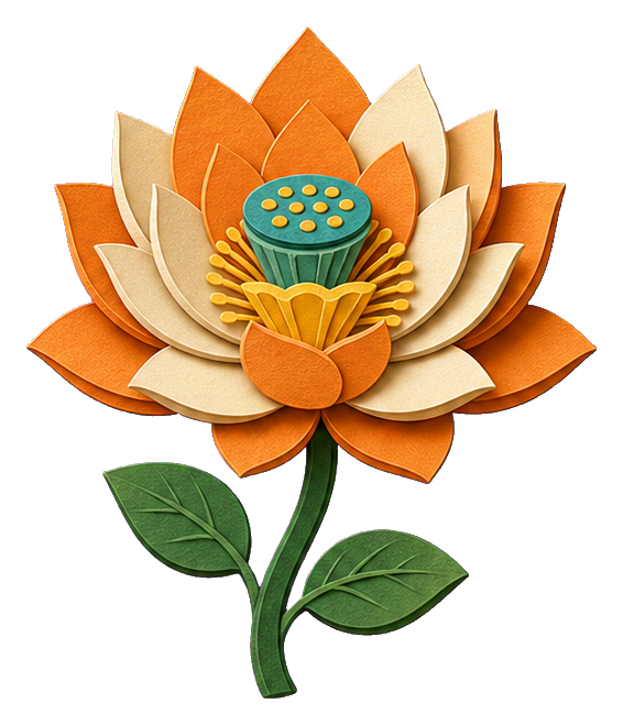 Layered paper cut lotus flower with orange petals, green leaves, and a stem