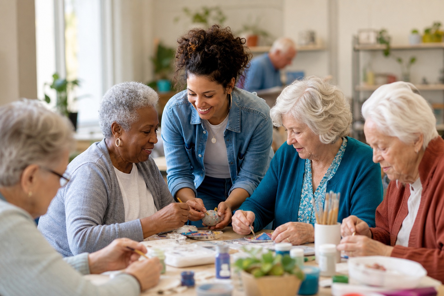 Facilitator with older adults gathered around a table in a community workshop