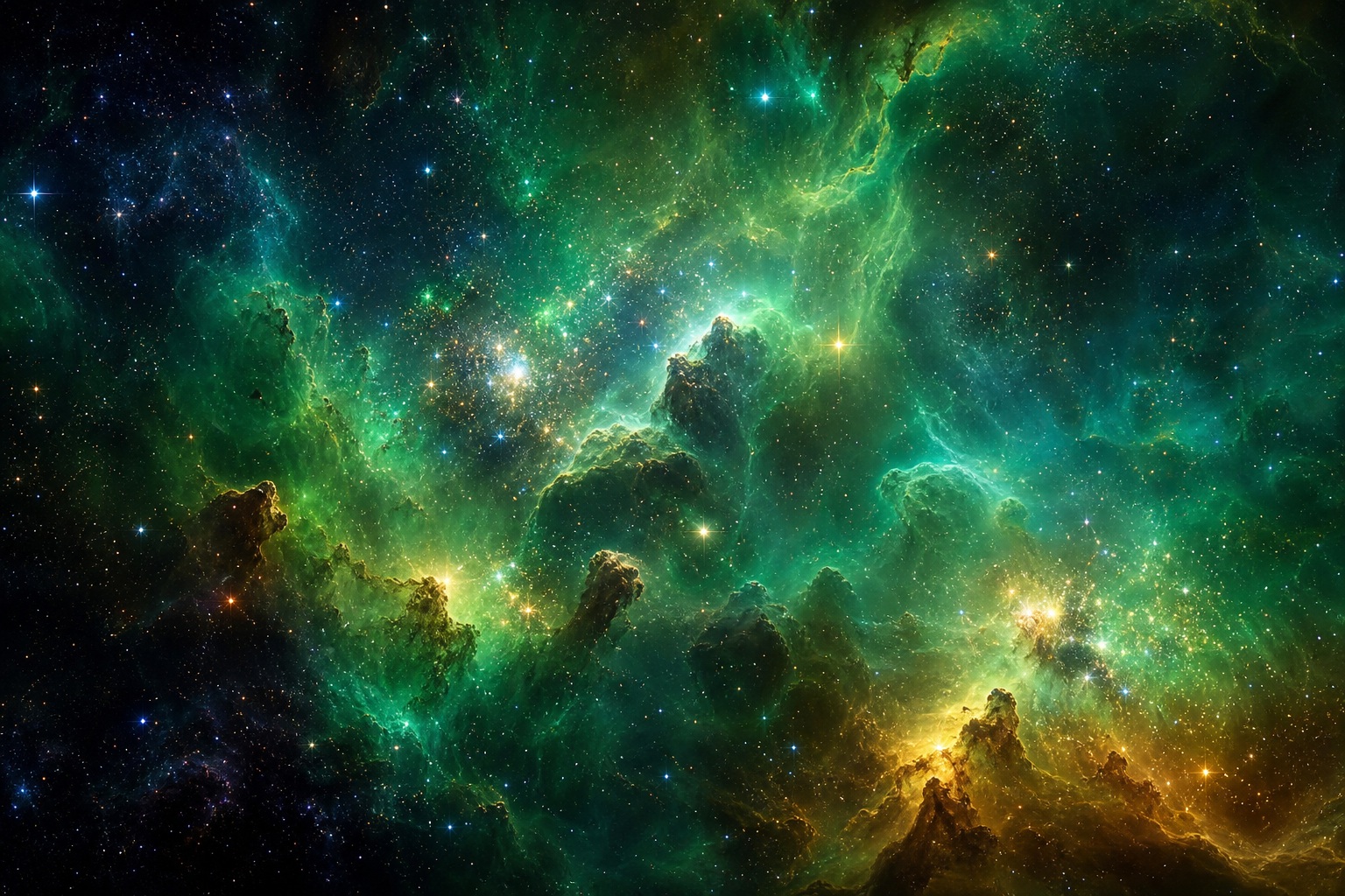 Emerald and gold nebula clouds scattered with stars in deep space
