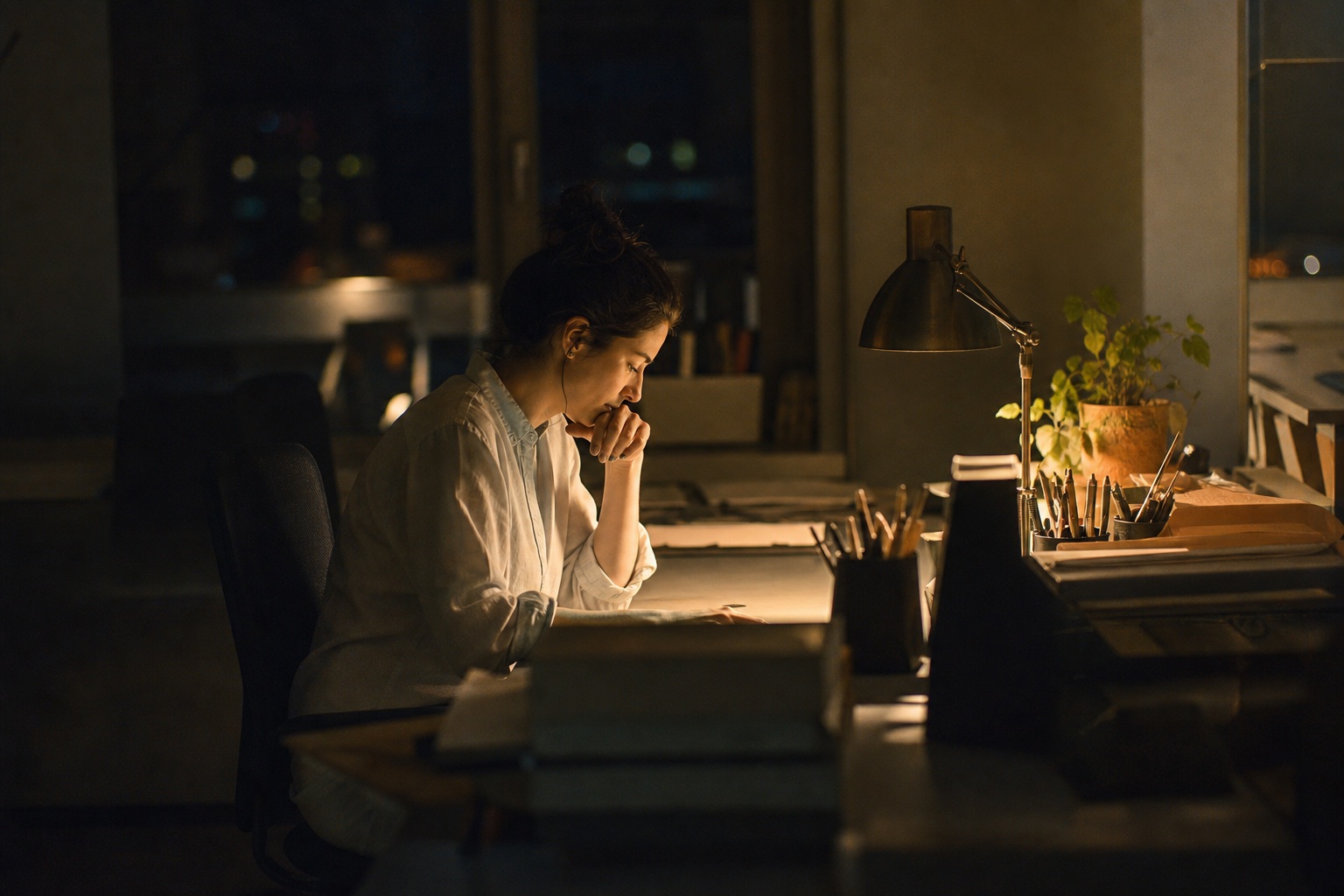 Person working alone at a desk in a dimly lit office at night.