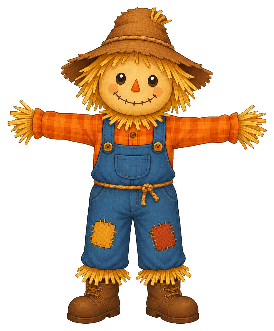 Smiling scarecrow wearing a straw hat, blue overalls, and brown boots with outstretched arms.