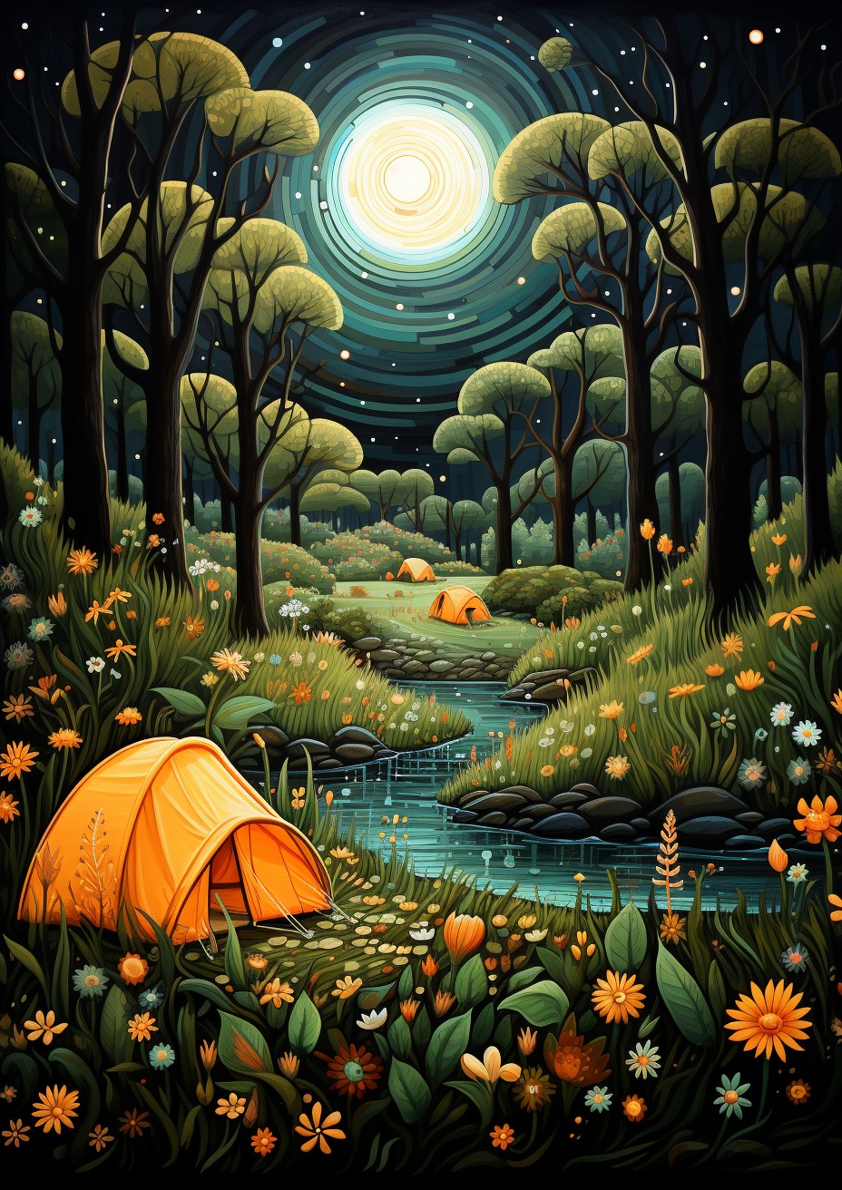 Illustrated orange tent beside a stream in a lush forest under a glowing sky.