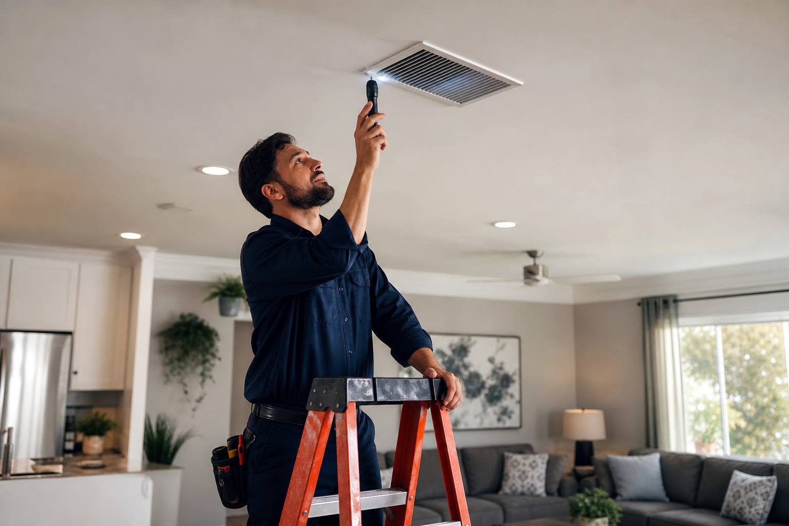HVAC technician on a ladder inspecting a ceiling vent inside a living room.
