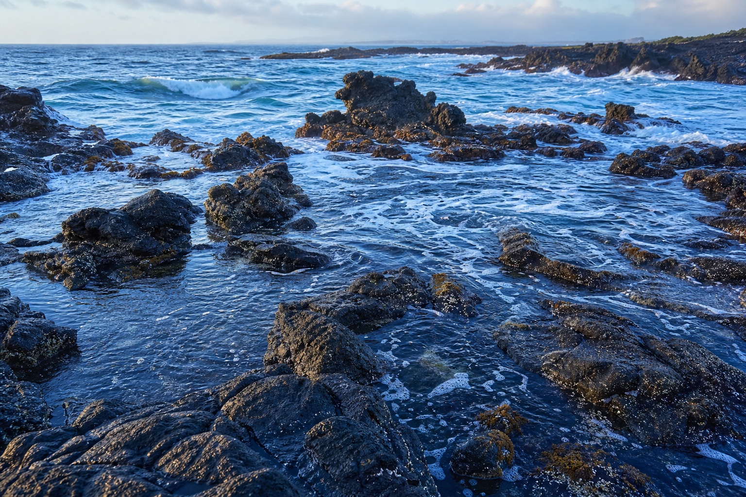 Waves moving over dark rocks along a rocky ocean tidepool shoreline.