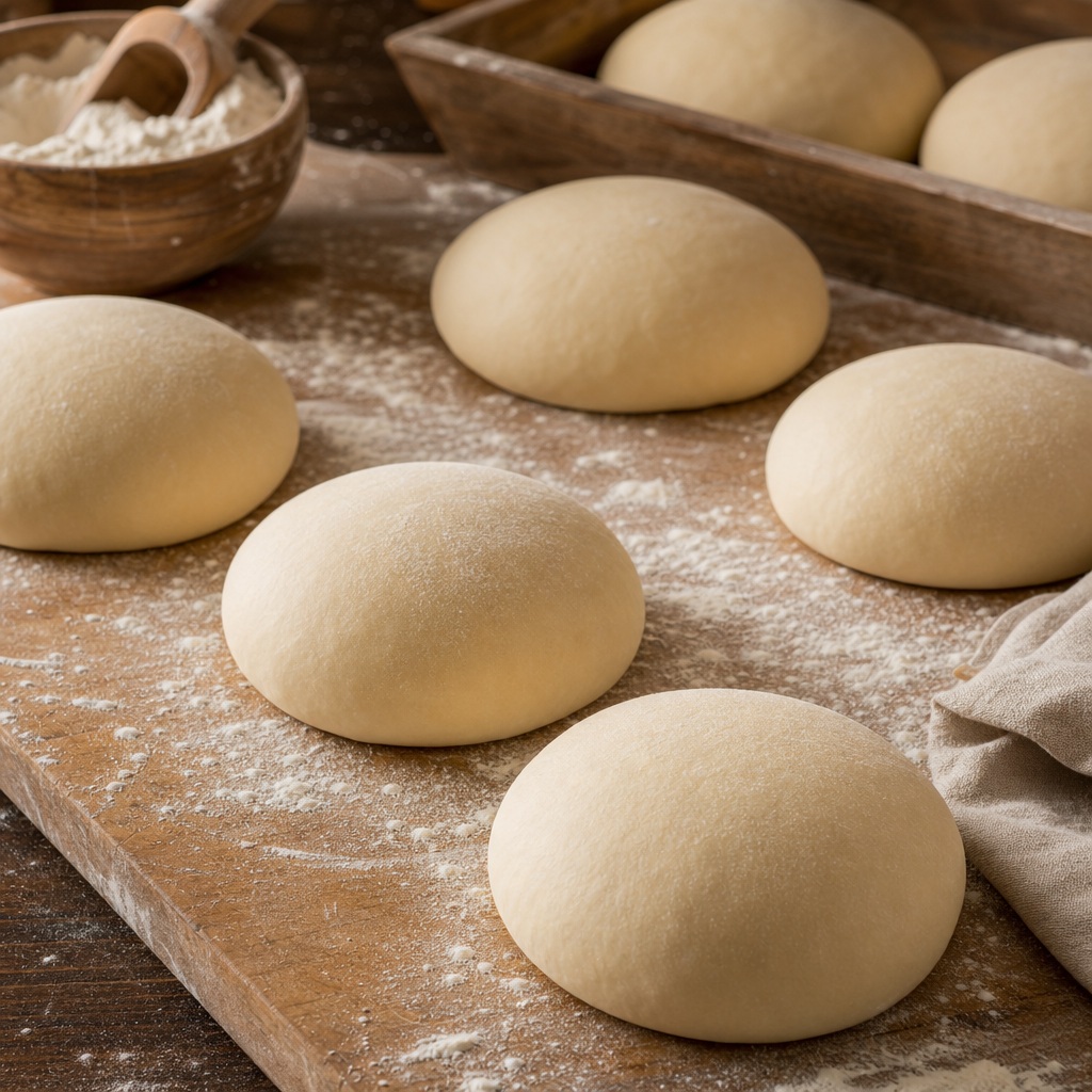 Smooth dough rounds on a floured wooden board with warm rustic side light