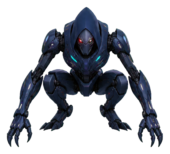 Dark blue crouching robot with glowing red eyes and sharp mechanical limbs