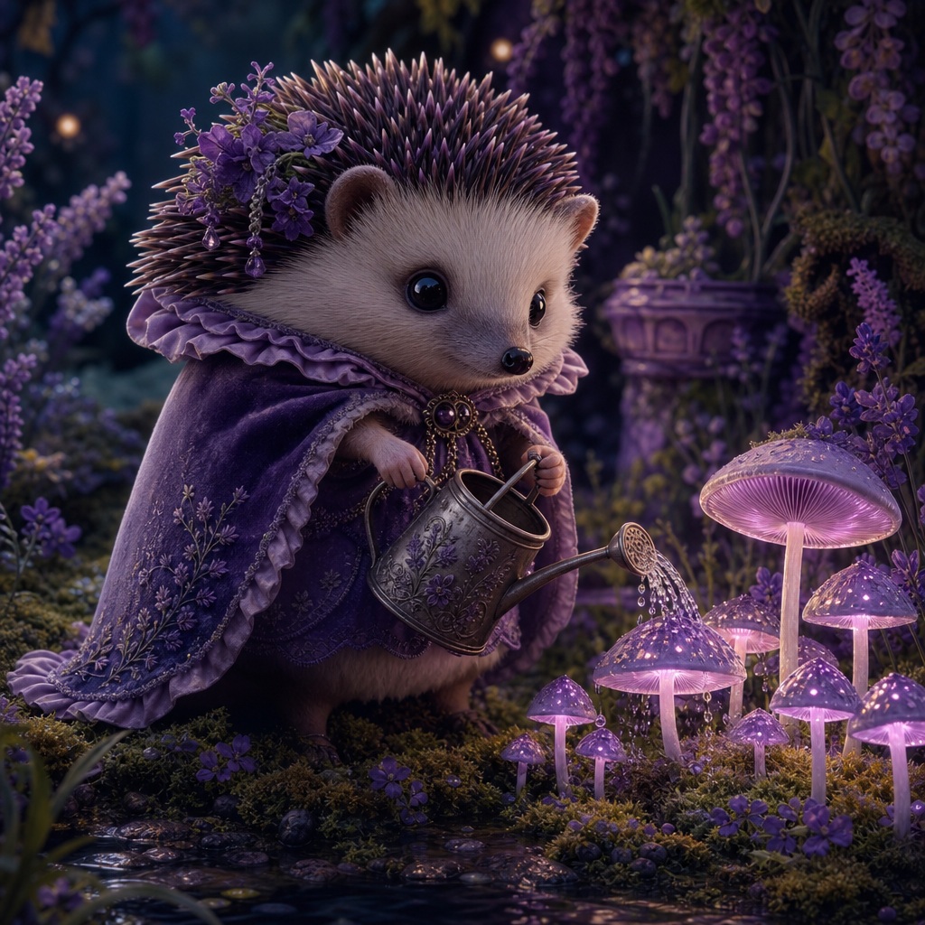 Lavender hedgehog gardener holding a small watering can in a glowing twilight garden