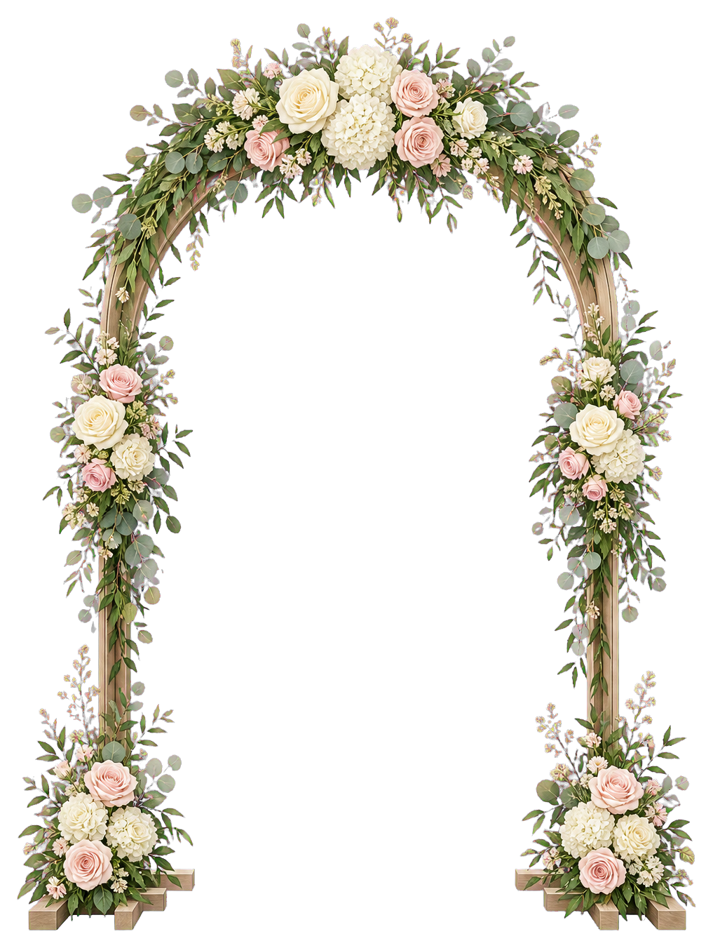 Floral wedding arch decorated with pale pink and cream flowers and greenery