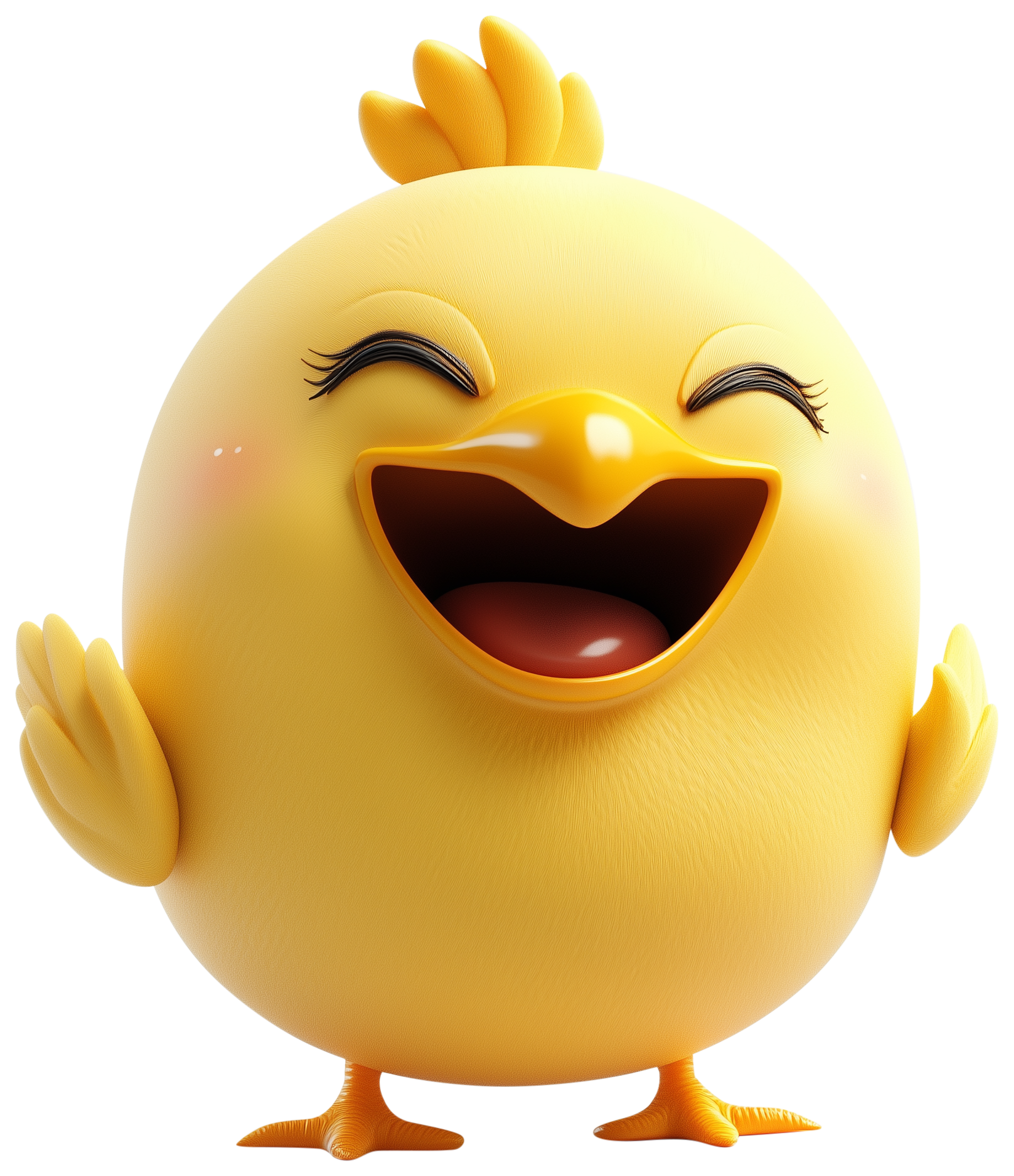 Cute yellow cartoon chicken emoji with wings raised and a smiling open beak
