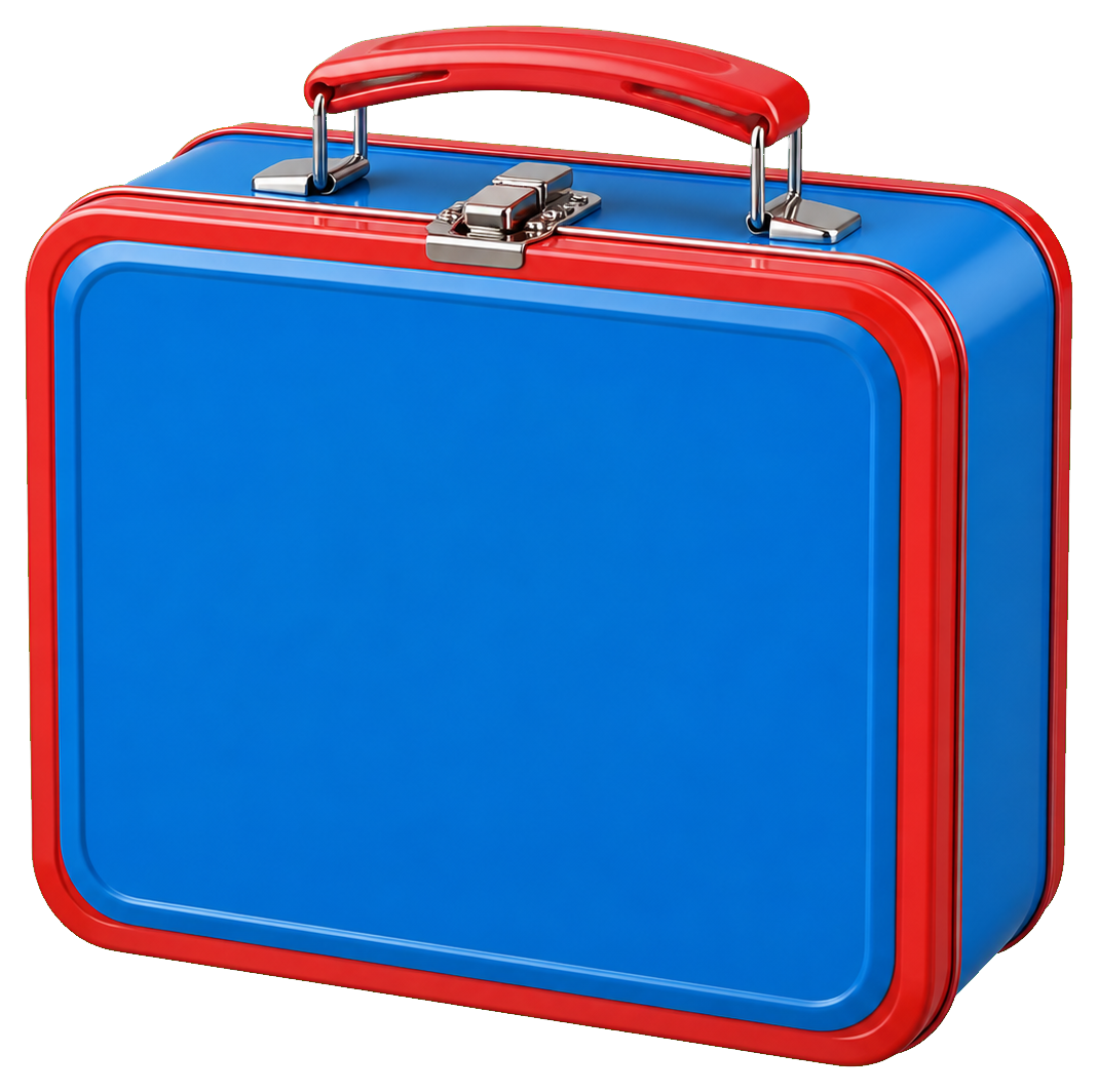 Blank blue school lunchbox with red trim and handle