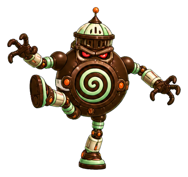 Whimsical robot with spiral chest emblem throwing a roundhouse kick