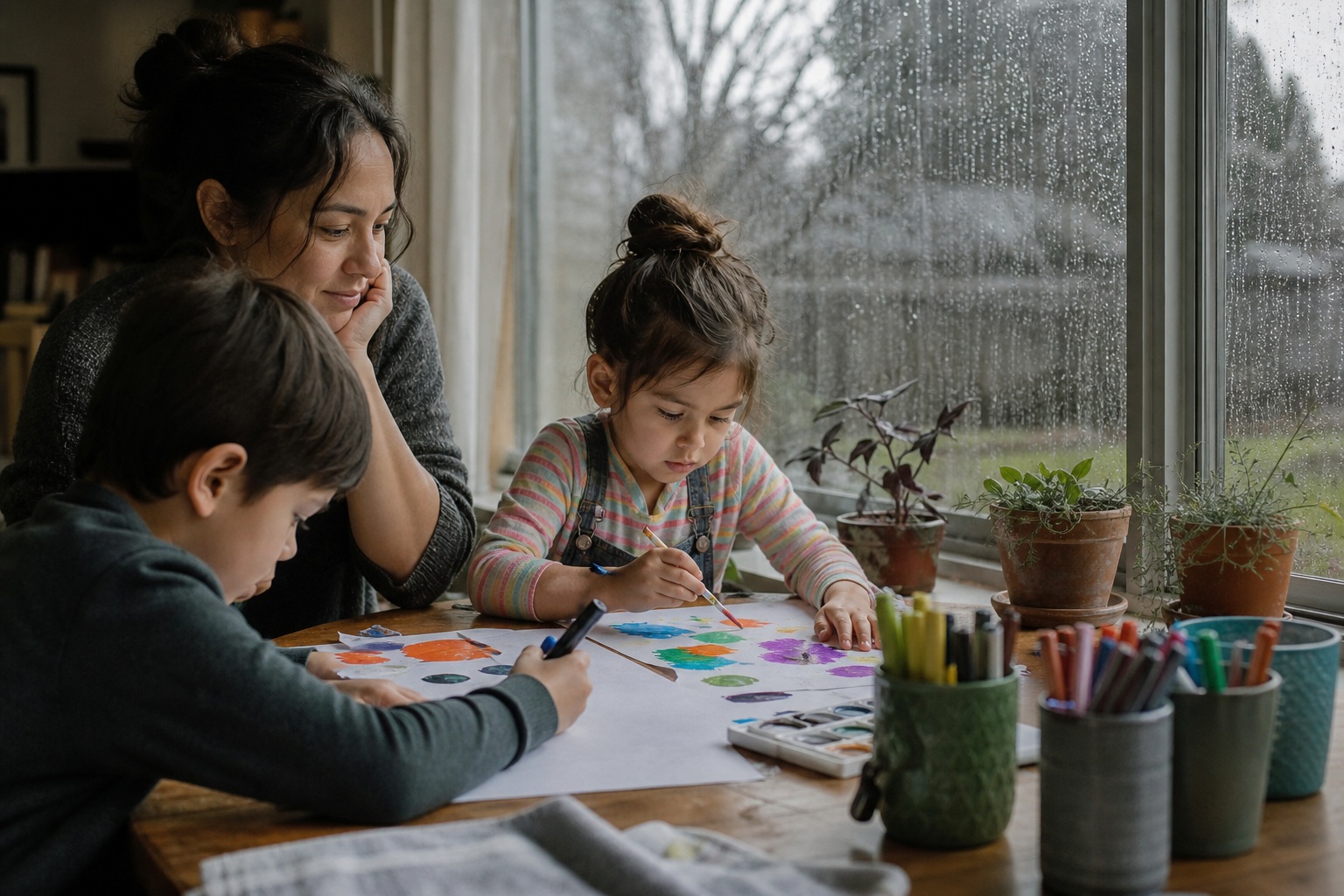 Family drawing together at a table beside a rainy window with art supplies and plants
