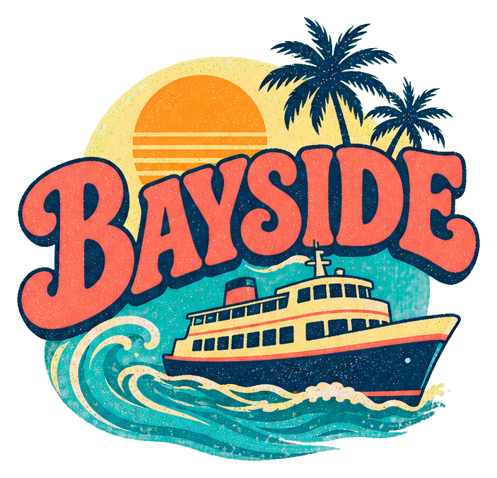 Retro Bayside text sticker with a ferry, sunset, palm trees, and ocean waves