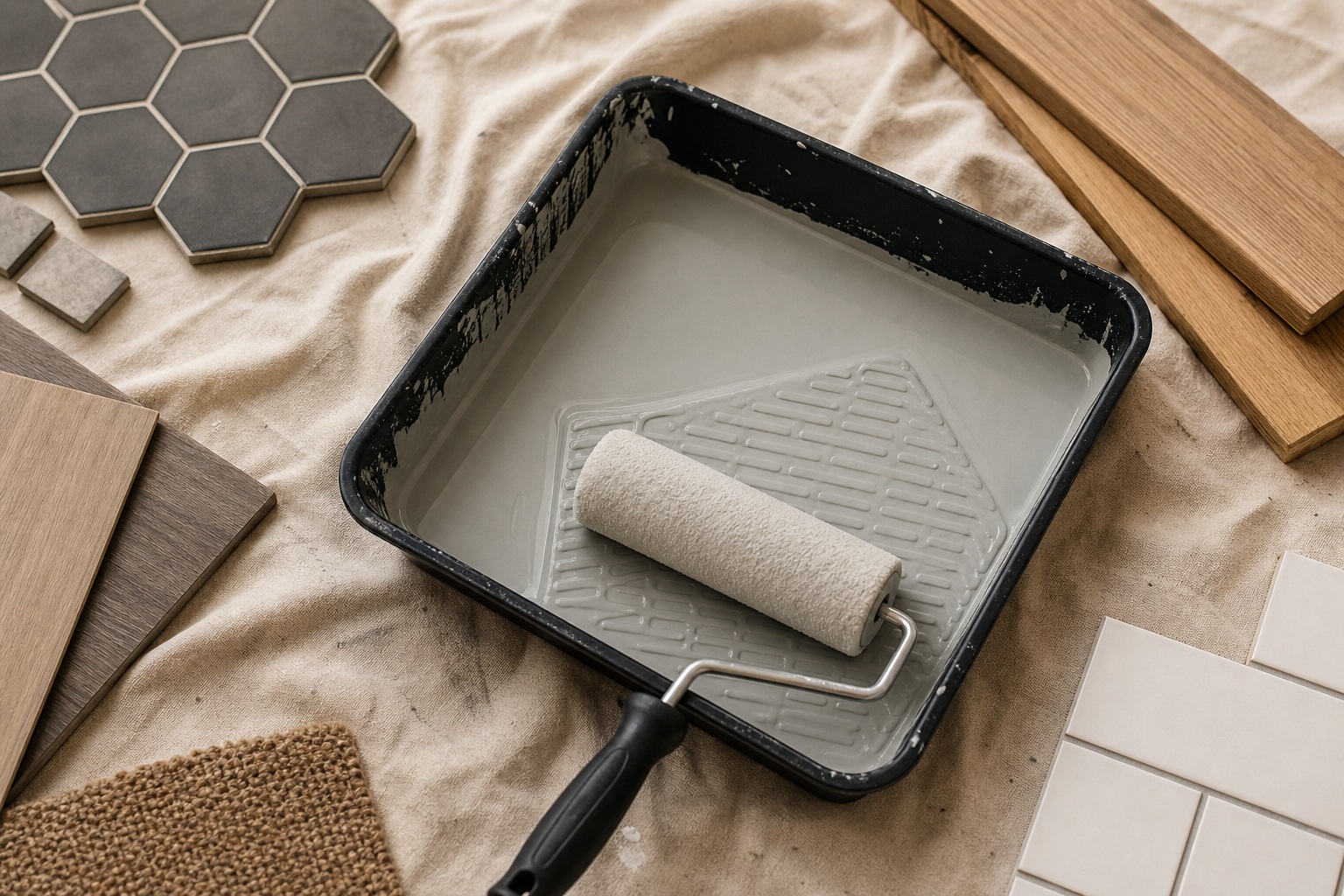 Paint tray with roller surrounded by tile, wood, and texture samples.