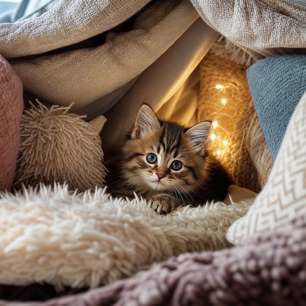 Small kitten peeking out from a cozy pillow fort with soft blankets and warm lights