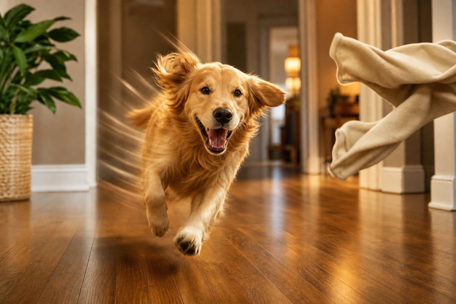 Golden retriever running through a sunlit hallway with motion blur.