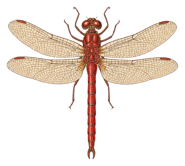 Vintage red dragonfly illustration with pale wings shown as a sticker on black background