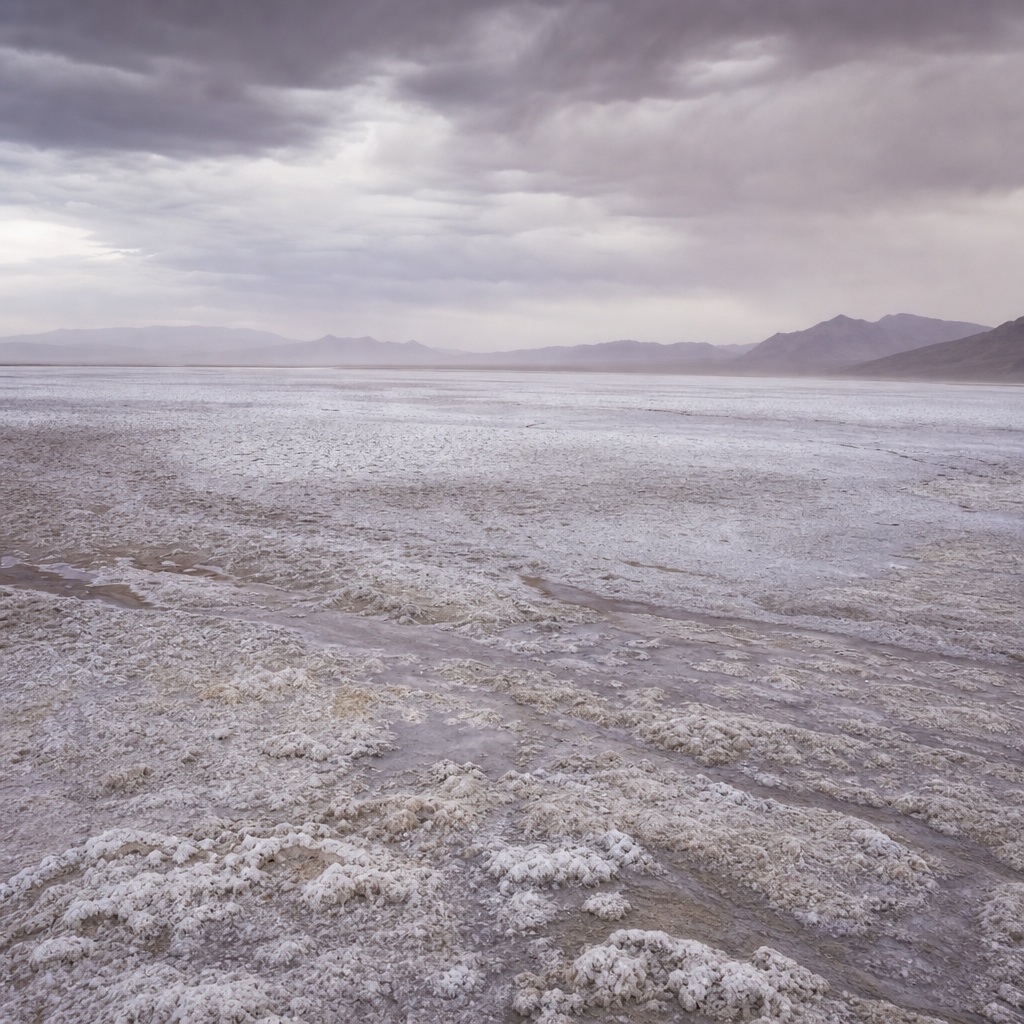 Storm gray salt flats with textured ground and distant mountains under a cloudy sky