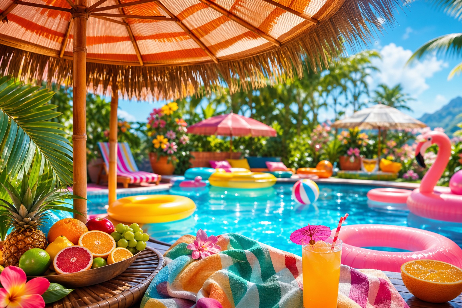 Colorful tropical pool party scene with umbrella, floating loungers, fruit, and drinks by a pool