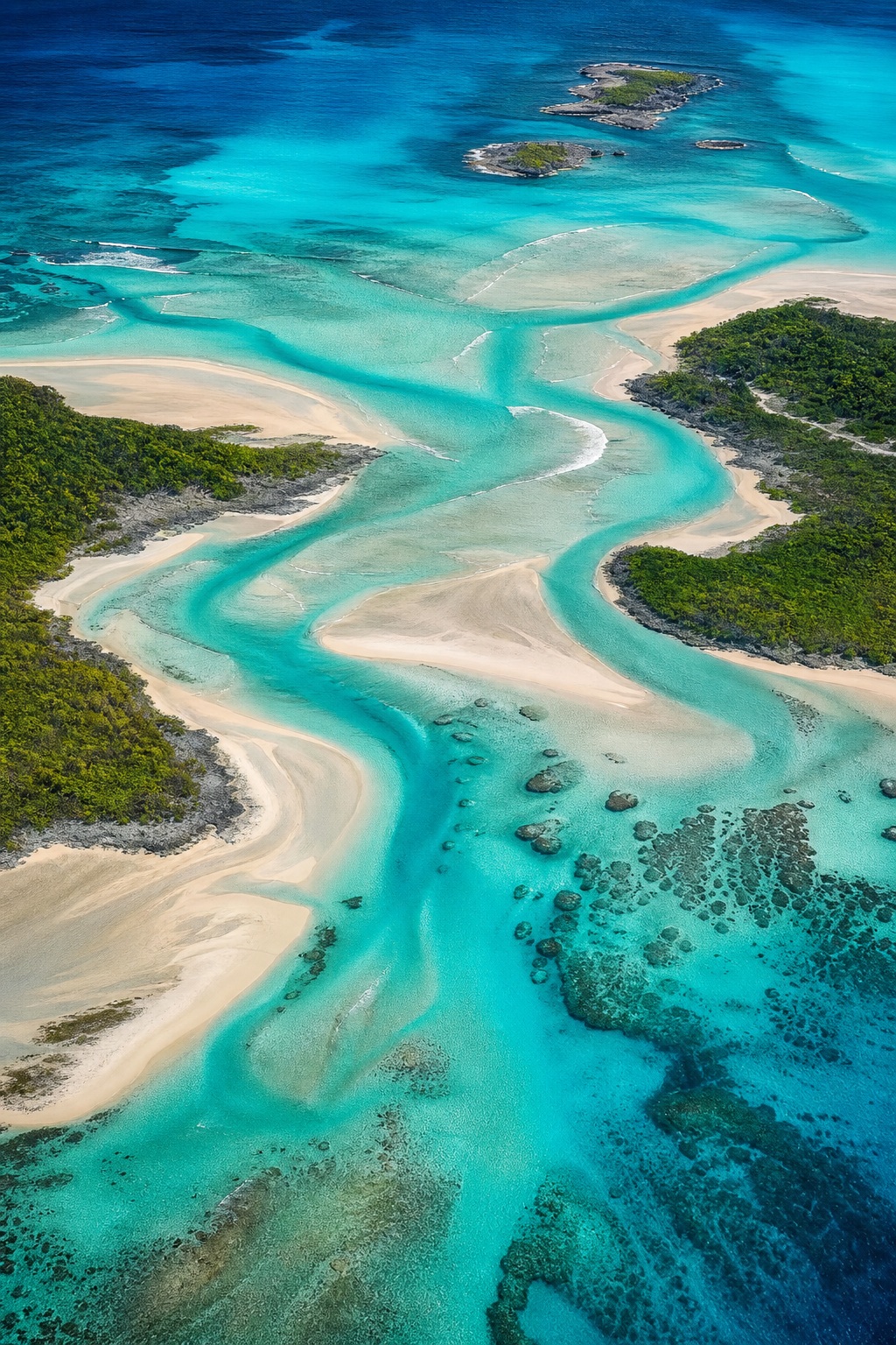 Aerial view of turquoise tropical estuary with sandbars and green islands