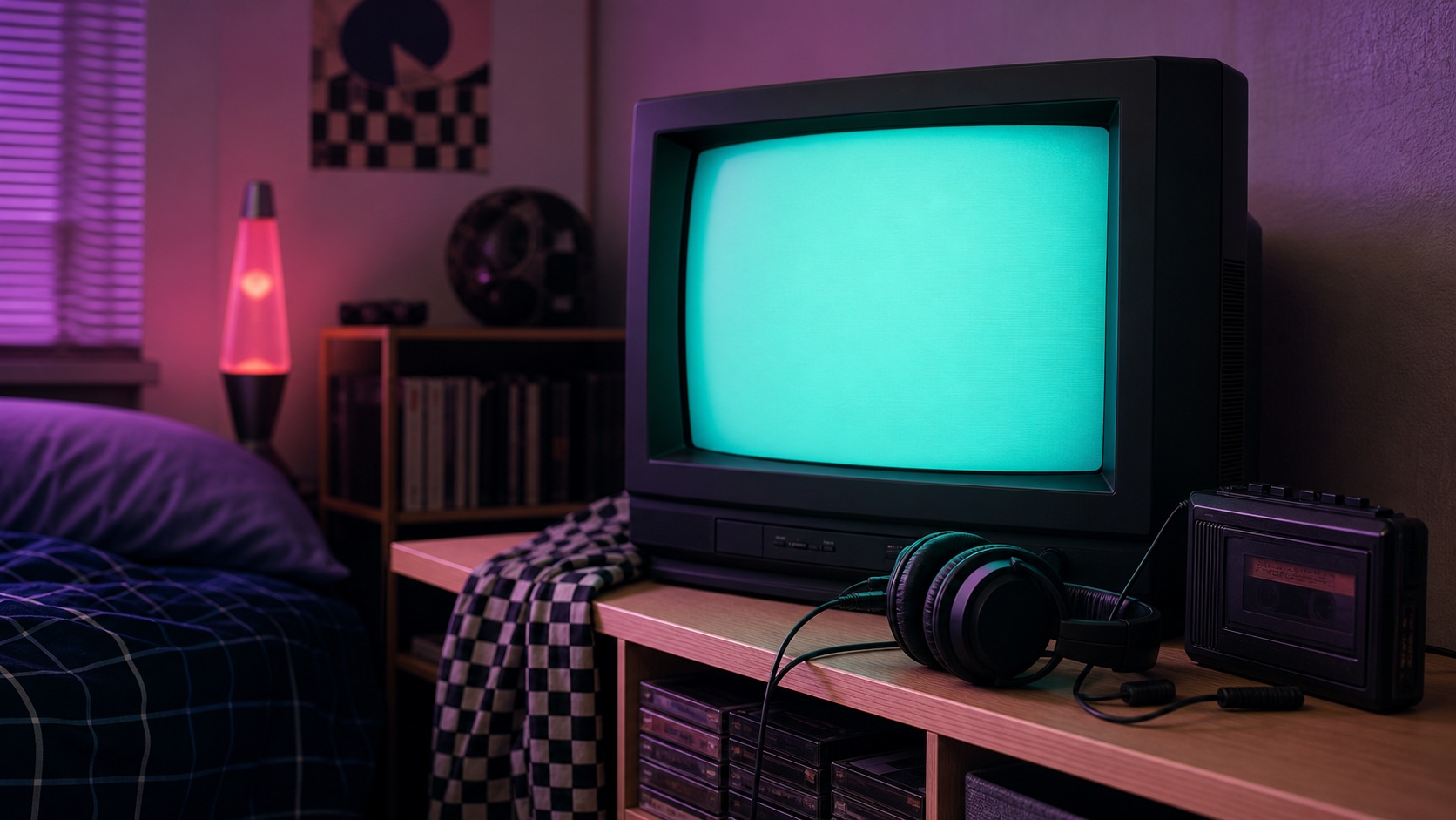 Neon-lit desk with a glowing monitor, headphones, lamp, and checkered tablecloth in a retro room.