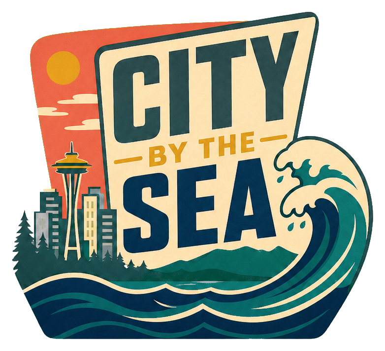 Retro illustrated sticker reading City By The Sea with a Vancouver skyline and ocean wave.