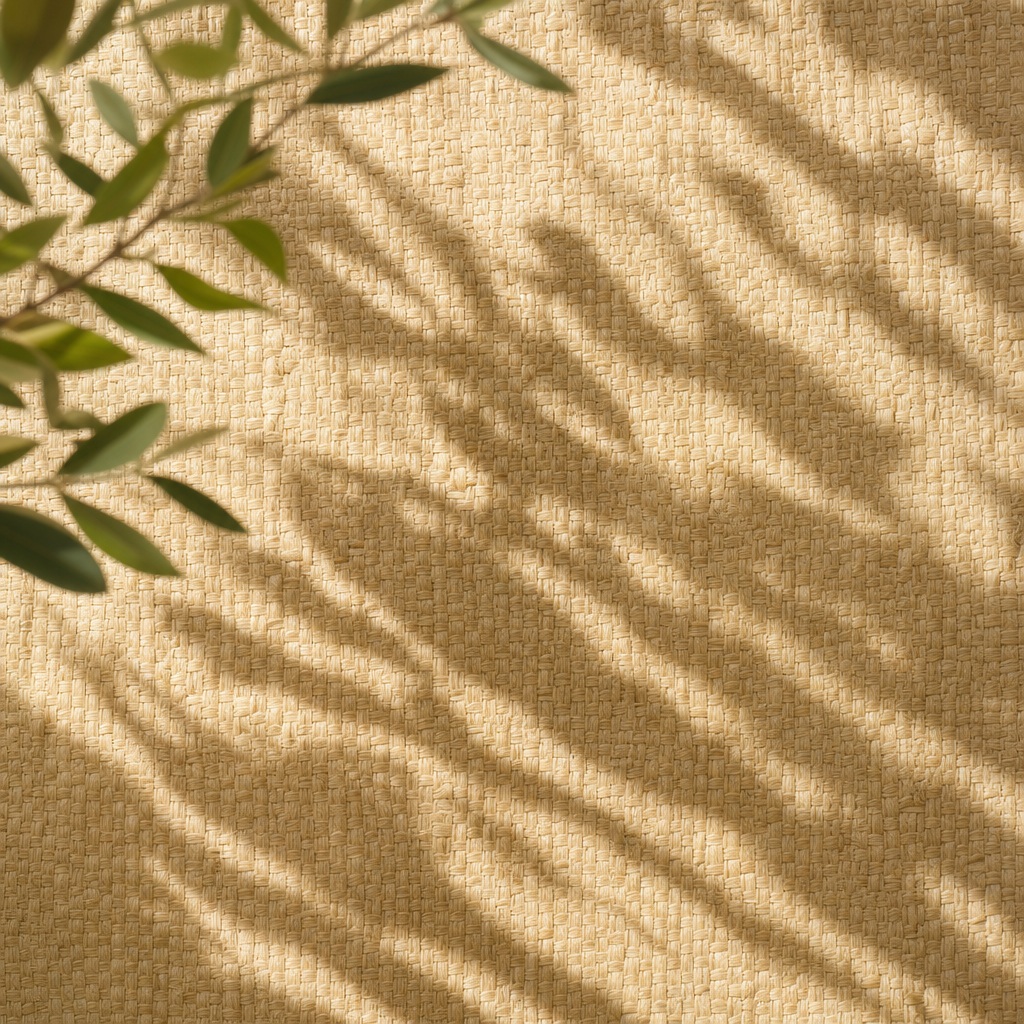 Beige woven mat with leafy shadows and soft natural light.