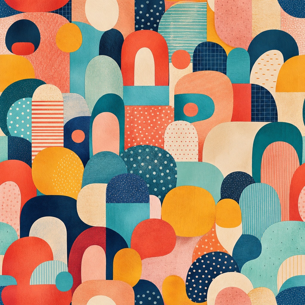 Colorful abstract pattern with rounded geometric shapes and dots in repeating tiles
