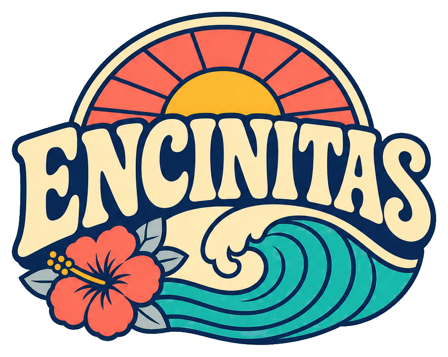 Retro Encinitas word art with a flower, sun, and curling ocean wave