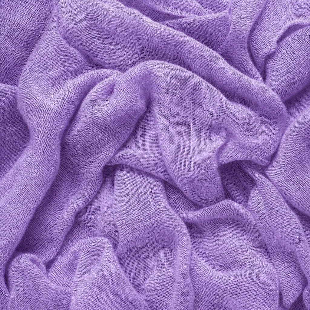 Close-up of soft lavender linen fabric with a wrinkled woven texture.