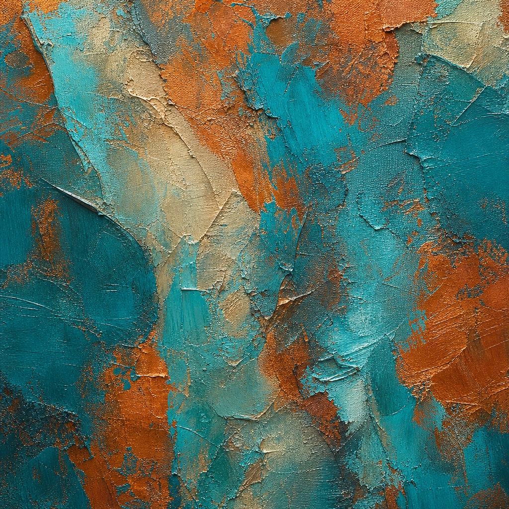 Abstract teal and rust painted canvas texture with palette knife-like relief
