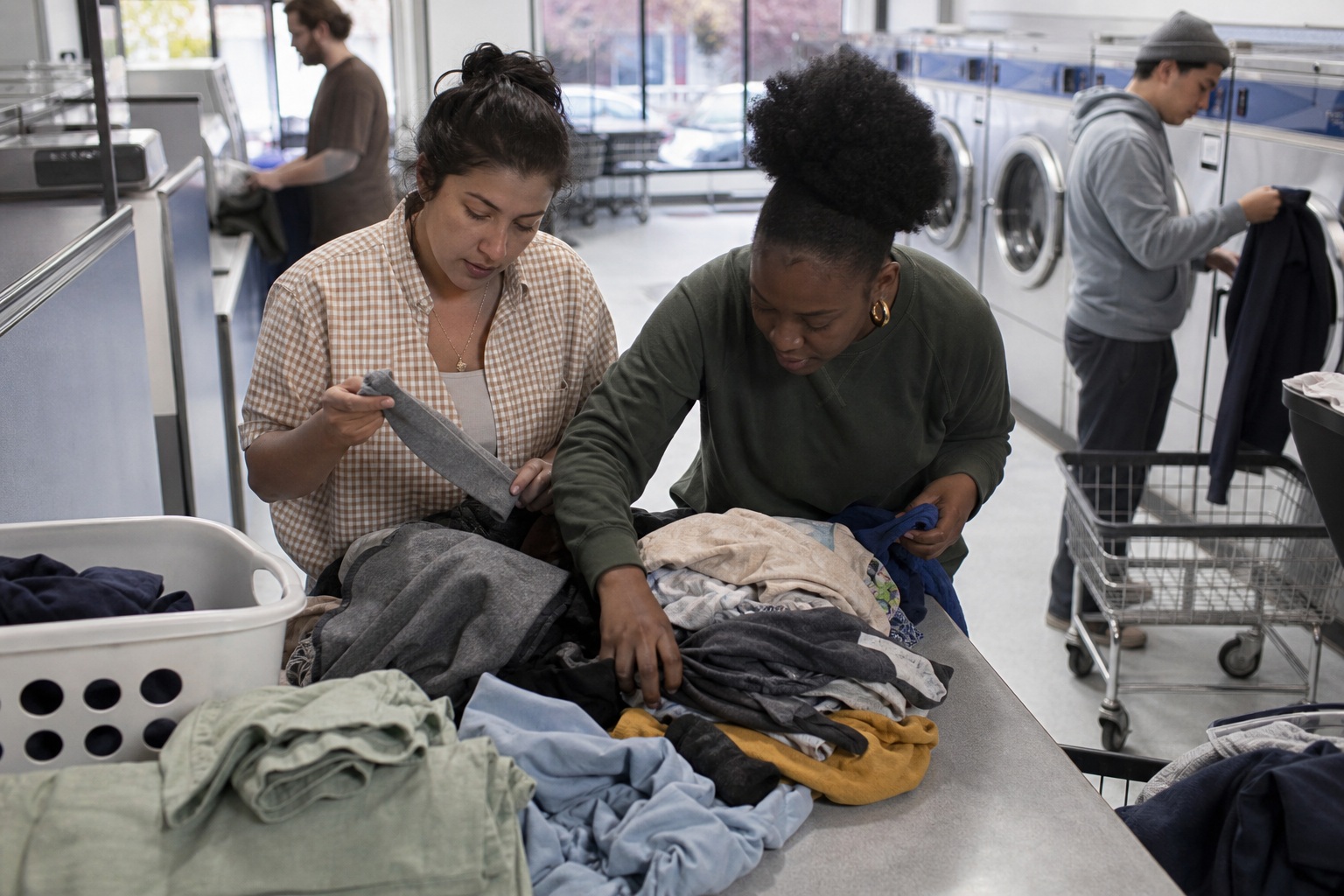 Two people sorting a pile of laundry at a busy neighborhood laundromat.