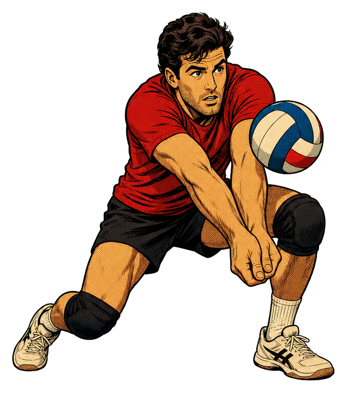 Illustrated volleyball player crouching low to save the ball on court.
