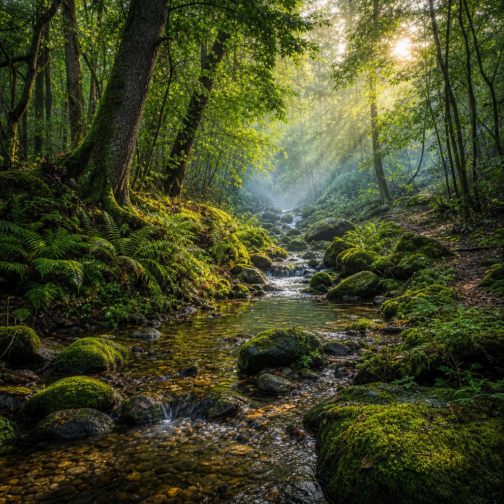 Misty woodland creek with mossy rocks, tall trees, and sunbeams filtering through the forest