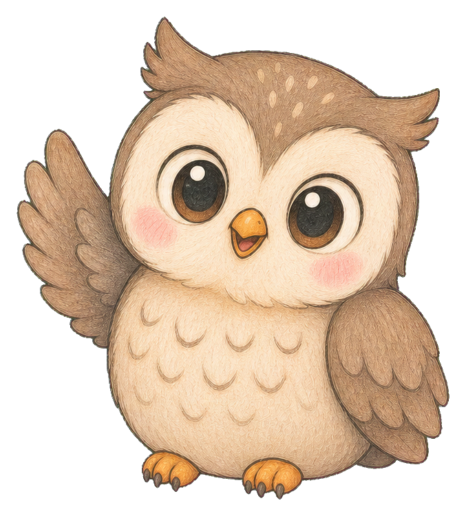 Cute kawaii owl with raised wing and rosy cheeks