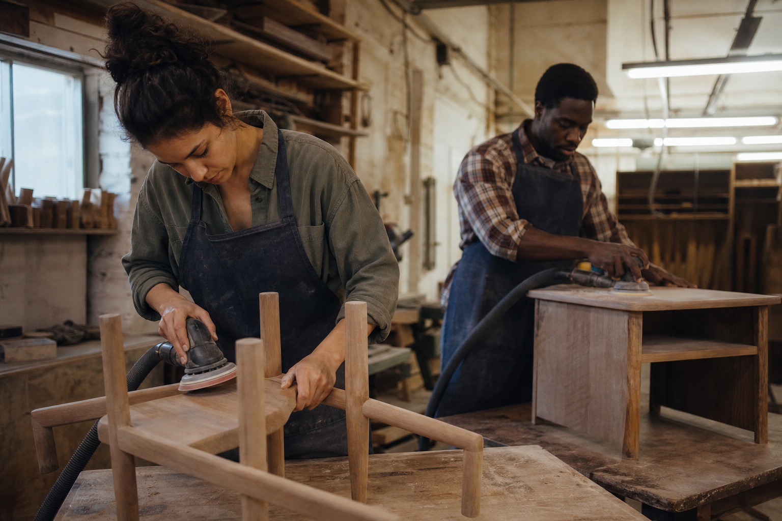 Two people working on wooden furniture pieces in a workshop