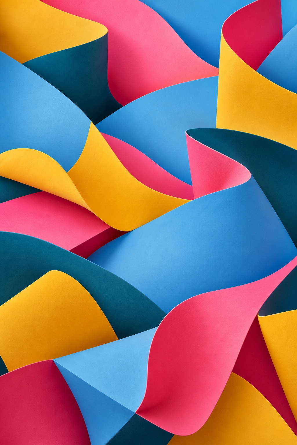 Colorful folded abstract shapes in sky blue, hot pink, and yellow with a 3D geometric look